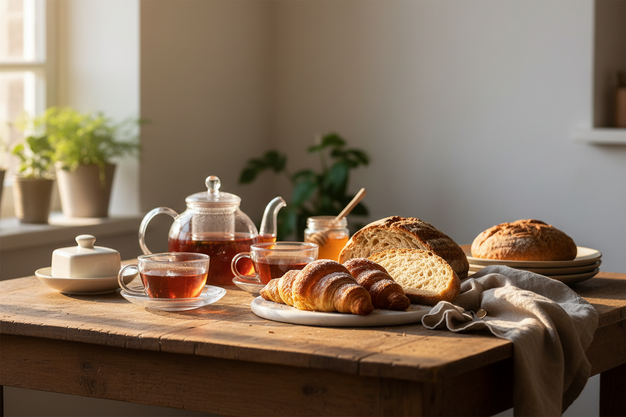 A wide horizontal lifestyle photograph suitable for a brand cover image. Featuring a cozy, sunlit table setting with freshly baked artisanal breads (like croissants and sliced sourdough) paired with a glass teapot and cups filled with warm, reddish herbal tea.
